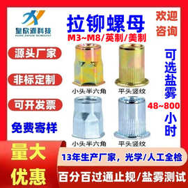 平头碳钢镀锌不锈钢拉铆螺母 通孔英制小沉头半六角竖纹铆螺母M3