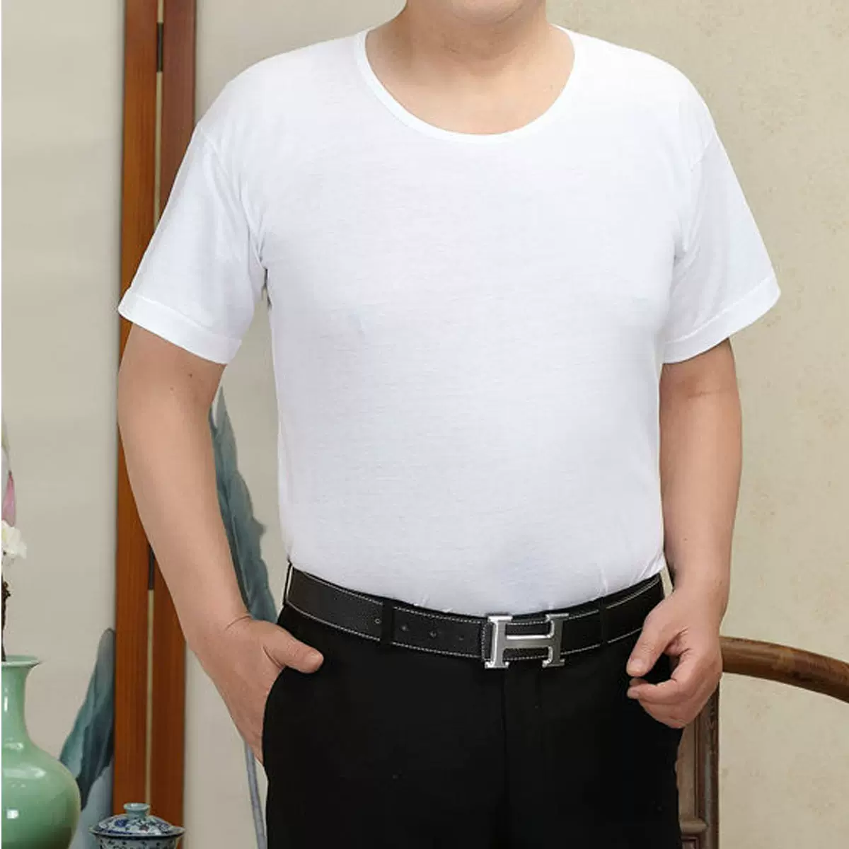 中老年人纯色棉背心汗衫夏季薄款男士老头衫白色宽松透气圆领短袖