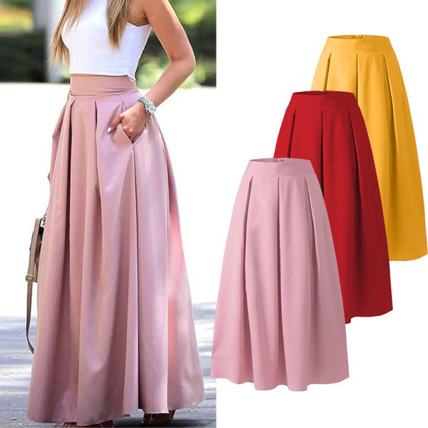 Damen-Midirock in Übergröße, hochtailliert, plissiert, einfarbig, A-Linie, lässiger Stil_voghion.com