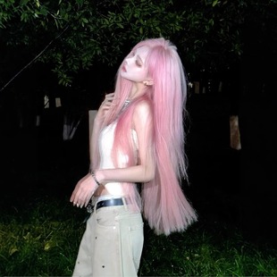 New Trendy Internet Celebrity Extra-Long Pink Fairy-Style Photo Long Straight Hair Female Group Jk Hong Kong Style Full Wig