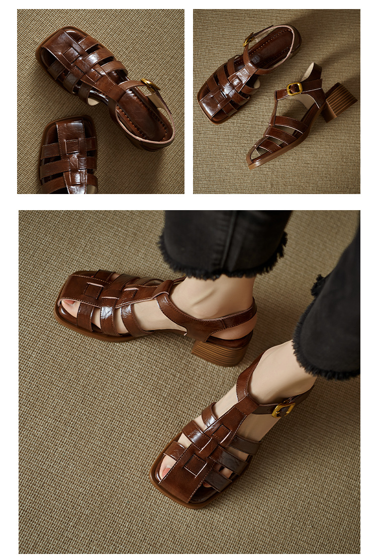 Sandal bít mũi nữ da thật kiểu Pháp cổ điển, gót trung dệt rỗng — Màu nâu, Màu đen, Màu trắng be chi tiết 14