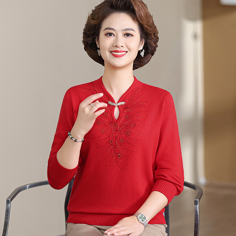 妈妈装针织上衣复古旗袍领毛衣新款宽松内搭洋气奶奶打底秋冬衣服，女装针织衫/毛衣，妃慕昵服饰