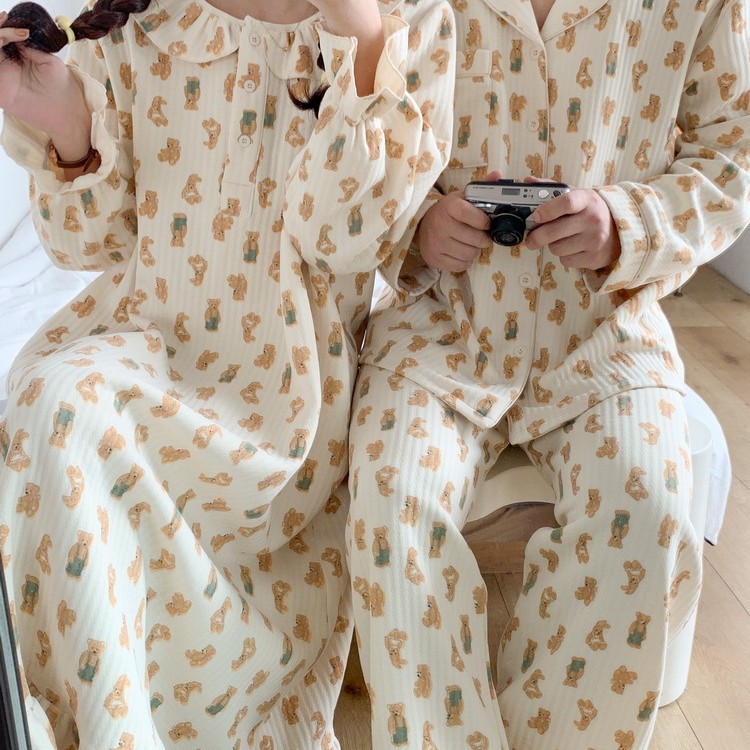 实拍2024秋冬新款睡衣卡通小熊夹棉保暖情侣睡裙女家居服外贸批发