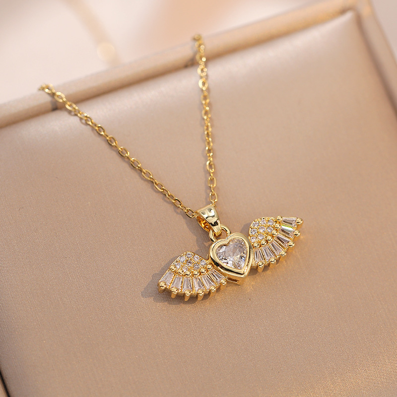 Heart Shape, Wings Pattern Women's Gender Titanium Steel Sweet Heart Shape Wings Diamond Pendant Necklace