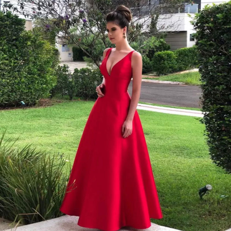 Comercio exterior europeo y americano Amazon AliExpress deseo de las mujeres vestido de noche con cuello en V Vestido de satén largo simple