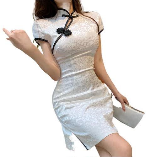 White Chinese dresses oriental qipao retro slim jacquard improved version cheongsam girl young style elegant side split mini dress
