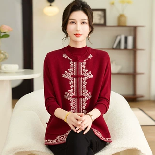 妈妈春装红色马甲两件套过年新衣服中老年女春秋时尚针织马甲套装