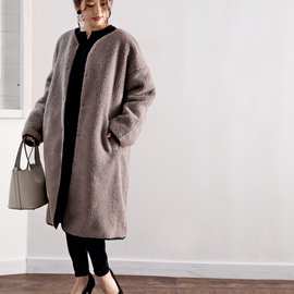 韩国chic秋冬新款日系女圆领宽松显瘦茧型两面穿羊羔潮双面呢大衣