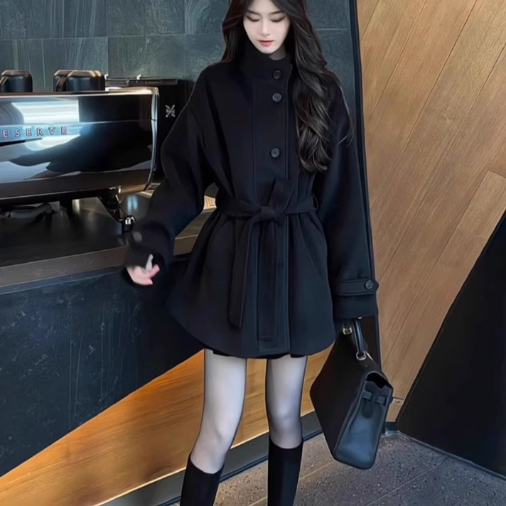 Black Woolen Coat for Women, 2025 Autumn and Winter New Style, Thickened Korean Style, Elegant and Petite Woolen Jacket