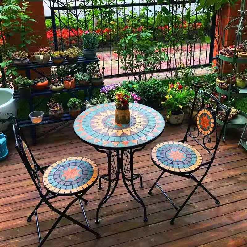 Foreign Trade Amazon Popular Outdoor Mosaic Leisure Balcony Table and Chair Coffee Table Three-Piece Set Bar Cafe Table and Chairs