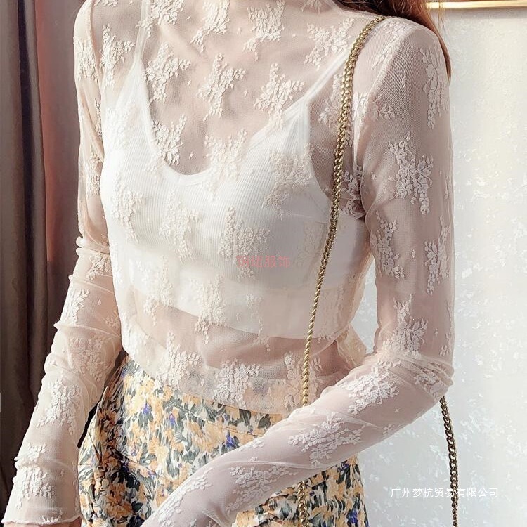 Women's Thin Long-Sleeve High-Neck Mesh Top, Stylish Lace Inner Shirt, White Autumn/Winter New Casual Style
