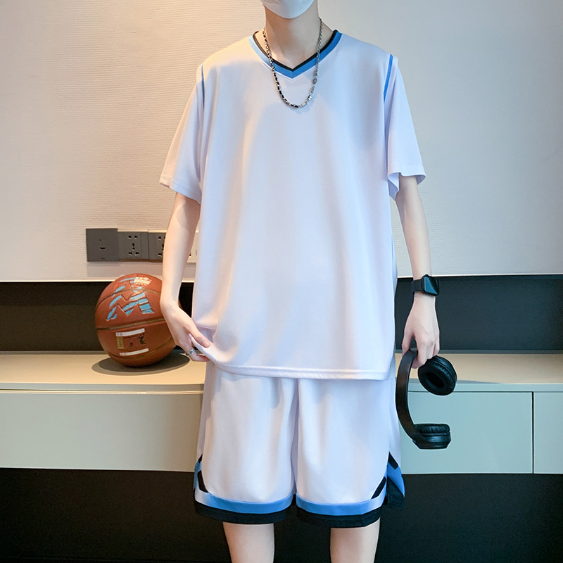 Verano falso de dos piezas juego de mangas cortas de baloncesto deportivo de estilo masculino con un conjunto de ropa de entrenamiento de jóvenes transpirables rápidamente secos