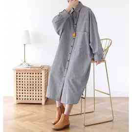 秋季宽松大码长款条纹衬衫女装长袖文艺衬衫裙潮