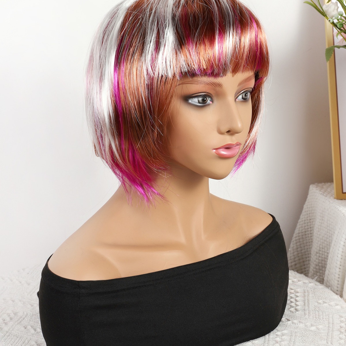 Transfronterizo nuevo color marrón plateado mezcla gradiente largo recto 12 pulgadas sin encaje pelo recto europeo y americano peluca brasileña