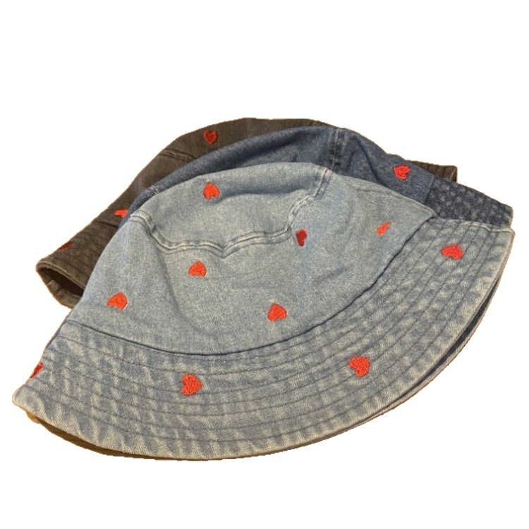 Sombrero de primavera y verano, mujer, bordado plegable, amor, sombrero de pescador de mezclilla, mujer, retro de moda, viejo, todo fósforo, cara, sombrero de lavabo pequeño