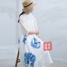 气质草木蓝染天丝苎麻双层缩碎褶连衣裙文艺灯笼袖宽松长裙S1467