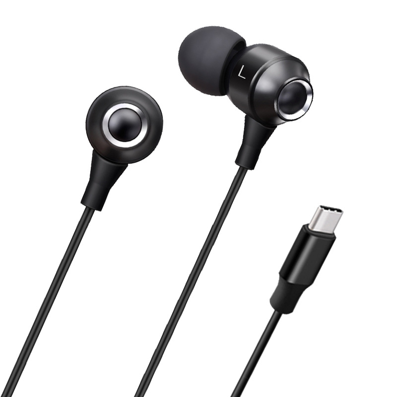 type c耳機線控帶麥手機入耳式動圈式黑色扁頭通用監聽原裝耳機線