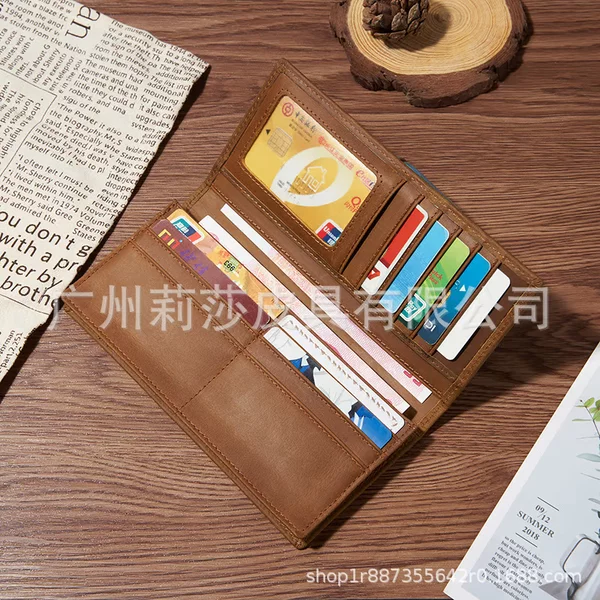 Anti-Magnetic Men's Wallet, Crazy Horse Leather, Foreign Trade Men's Business Genuine Leather Long Wallet, Business Card Holder, Factory Wholesale, European and American Retro Style
