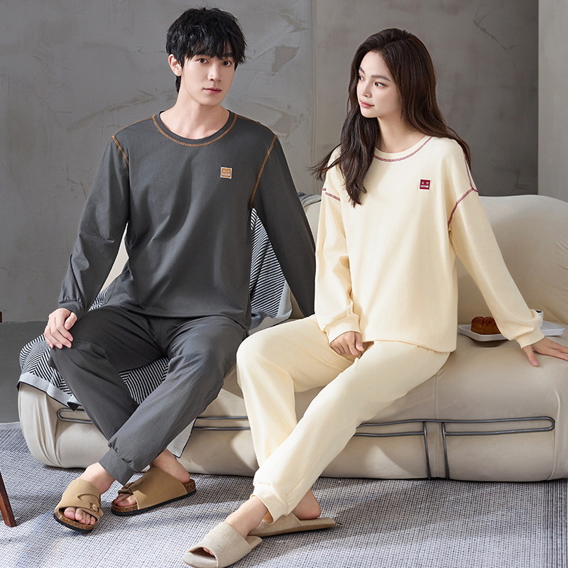 Pijamas de pareja de algodón primavera y otoño pantalones de mangas largas para hombres estriados ropa casera casual para mujeres primavera y otoño