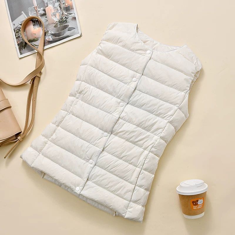 Collarless Vest with Lightweight down Jacket Style Collar, Fashionable and Versatile Slim Fit Autumn and Winter Vest for Women, Khaki