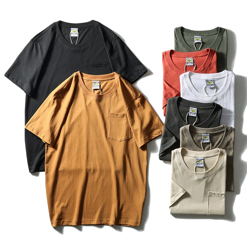 100 хлопок тяжелой промышленности стиральная! Летние мужские сплошной Цвет Фонд простой случайный Круглый шеи Мода карман короткий рукав футболку модные