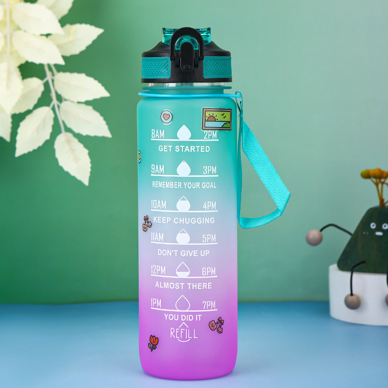 大容量グラデーション色屋外スポーツカップバウンスプラスチックカップロープ付きストローカップ1000ml宇宙ポット|undefined