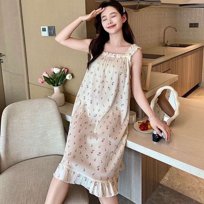 Camisón al por mayor transfronterizo para mujer, algodón de imitación de verano, pijama de tirantes suelto simple sexy, vestido de casa informal, falda larga