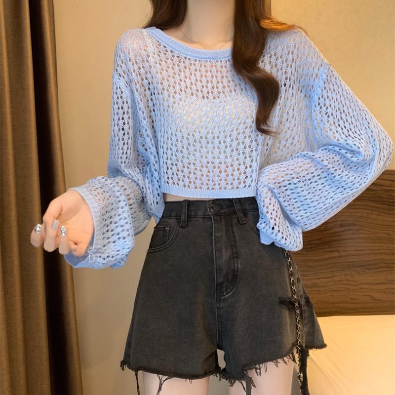 女性用の西洋風長袖中空ショートトップ、夏のドーパミン薄い日焼け止めブラウス、ウエスト付きシャツ、Tシャツ、セーター|undefined