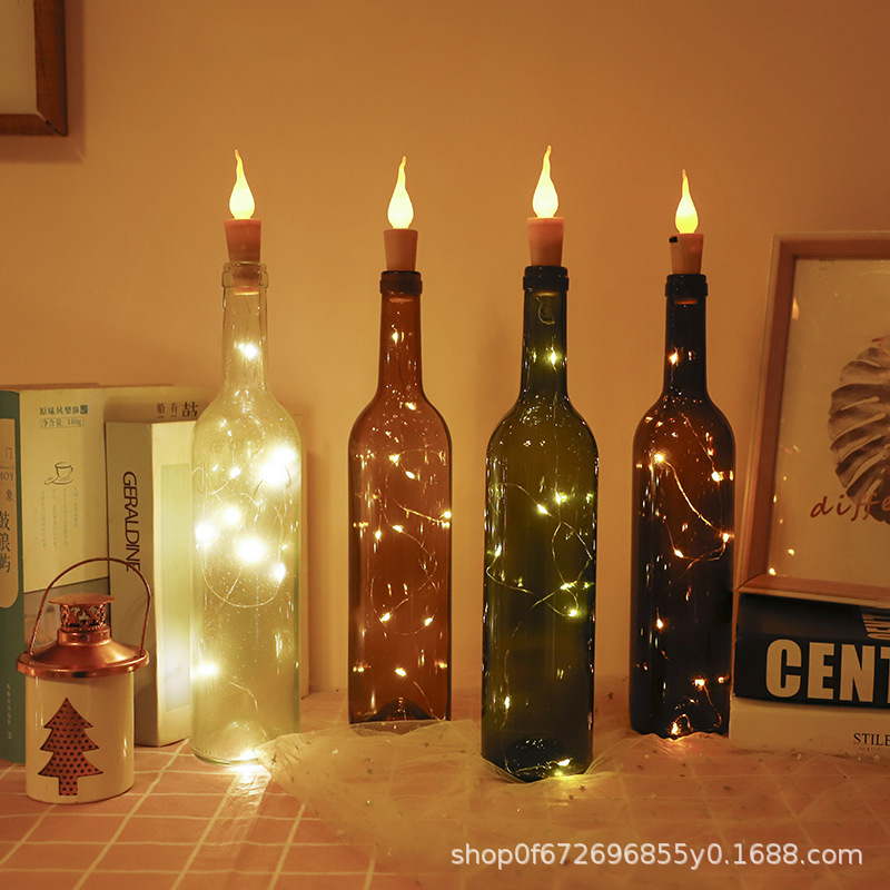 Luz de tapón de botella de vela LED transfronteriza con luz intermitente de alambre de cobre de botella de vino tinto lámpara de decoración de vacaciones de cumpleaños lámpara de alambre de cobre estrella