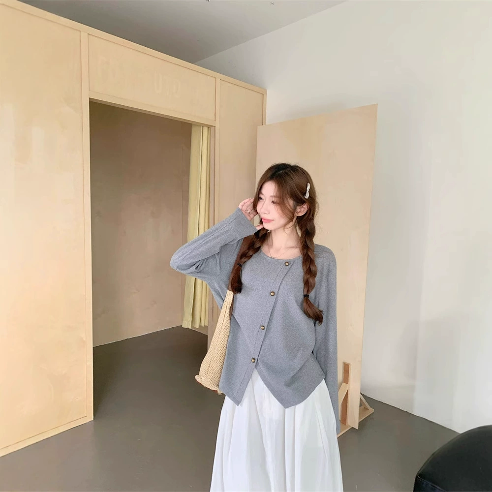 Большой размер плеча серая круглым вырезом с открытым вырезом футболка женская весна и осень 2025 новый длинный рукав рубашка с тонким верхом