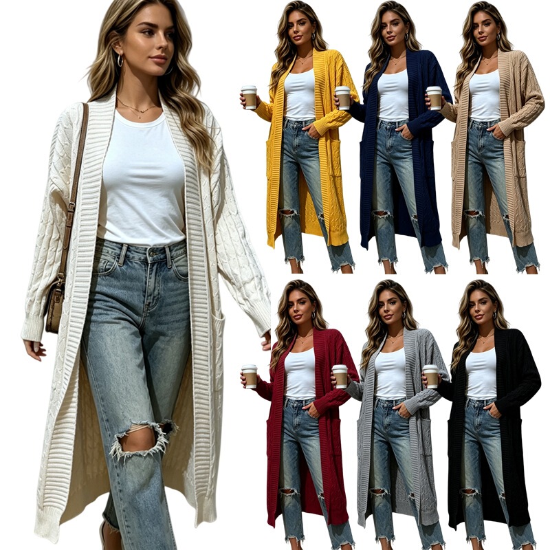 European and American Amazon autumn and winter women's outerwear, cross-border casual knitted solid color cable knit plus-size long cardigan sweater for women European and American Amazon autumn and winter women's outerwear, cross-border casual knitted solid color cable knit plus-size long cardigan sweater for women