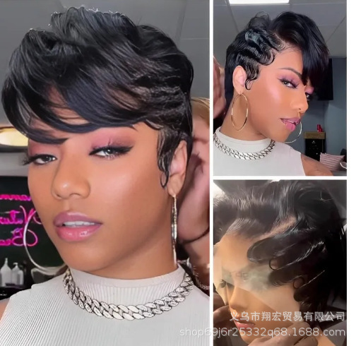 2023 Independent website popular European and American wig oblique bangs black short curly hair factory direct wholesale delivery