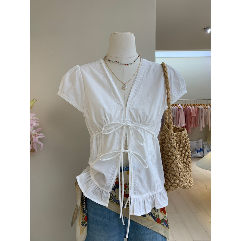 Pure White Moonlight Lace Trim Deep V-Neck Tie Shirt, Summer Gentle Style Puff Sleeve Fitted Top for Women