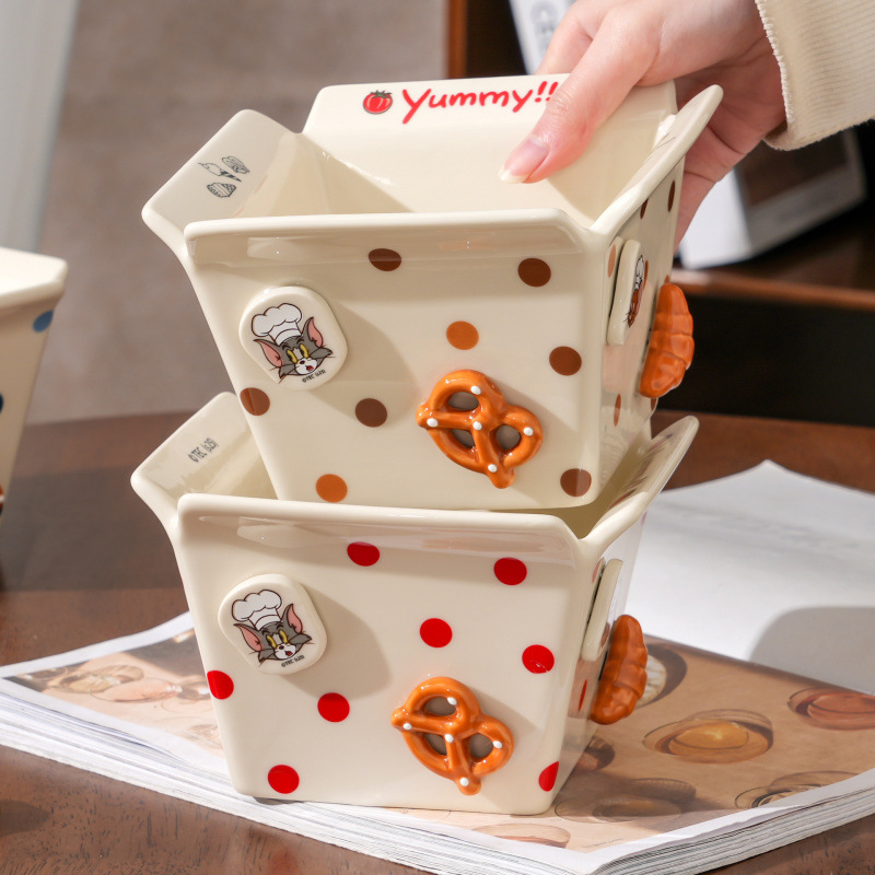 Gato y ratón tazón de cerámica doméstico nuevo tazón de ensalada de alto valor cuadrado dormitorio encantador regalo de papas fritas tazón de porcelana