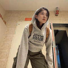 韩国学院风灰色字母刺绣加绒连帽卫衣女秋冬款小个子百搭显瘦上衣