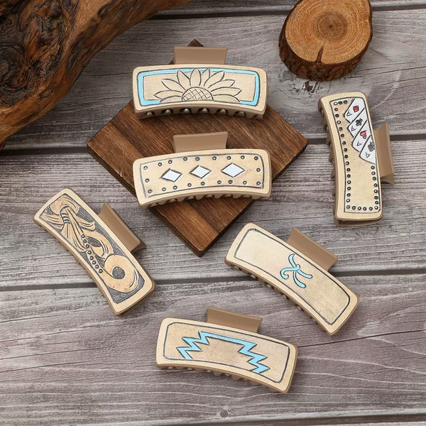Cross-Border Western Cowboy Style Leather Hairpins with Various Patterns, Women's Shark Clips, Aliexpress Amazon