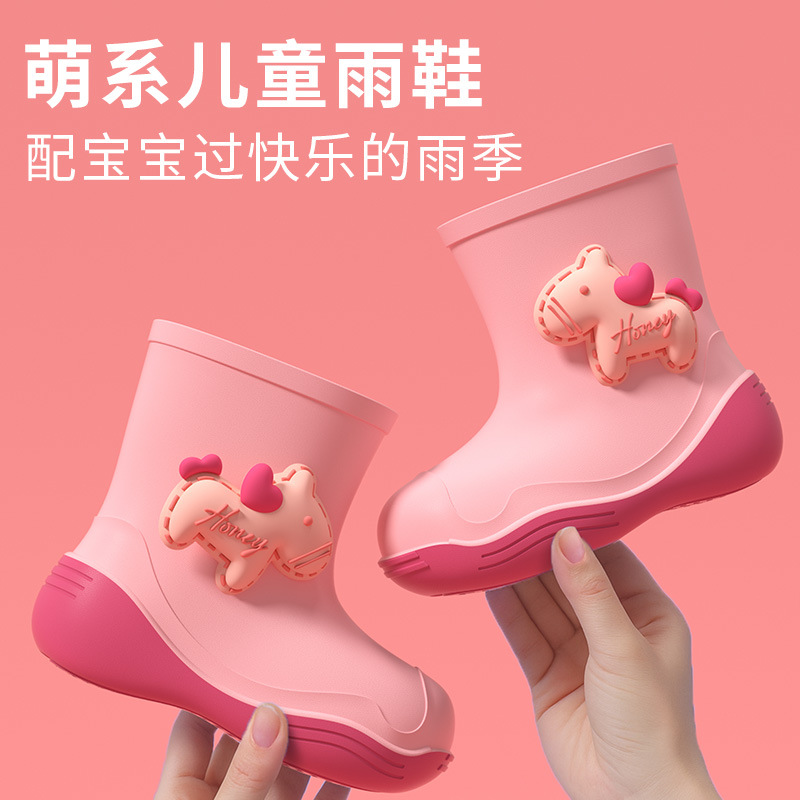 Cartoon Pony Kidsren's Rain Boots Boys and Girls Baby Rain Boots Fleece-Lined Kindergarten School Non-Slip Lightweight Waterproof Shoes