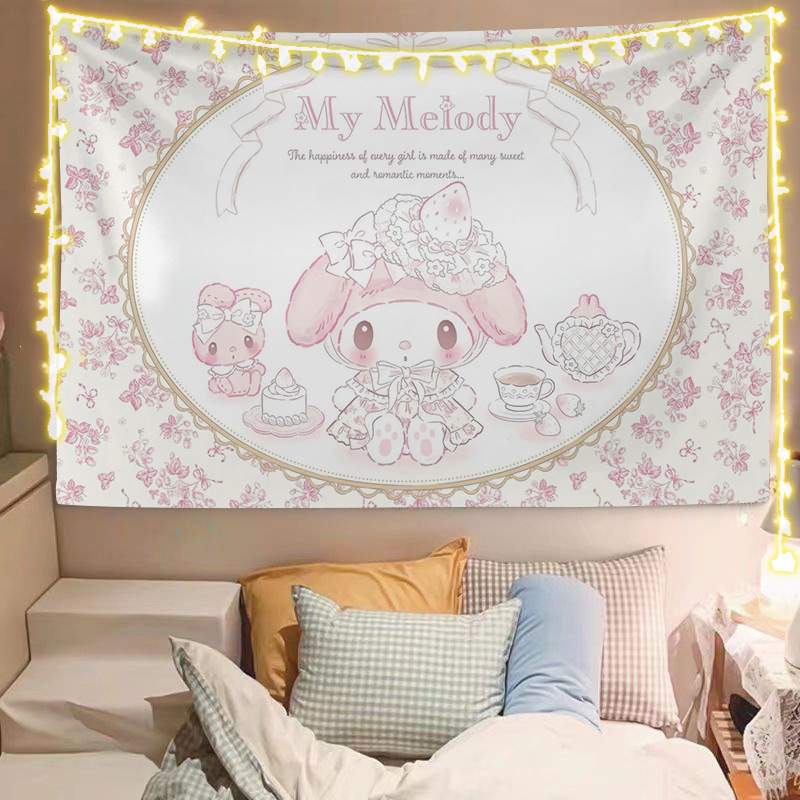 Cartoon Cute My Melody Hanging Cloth for Girls' Bedroom Bedside Dopamine Background Cloth to Cover up Ugliness and Transform the Room, Hanging Cloth Tapestry