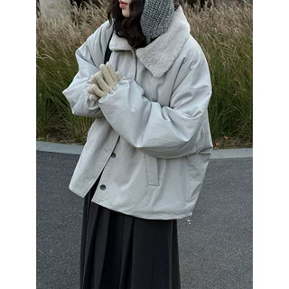 鹿西 廓形休闲翻领羊羔毛保暖外套女冬季新款宽松派克服夹克99011