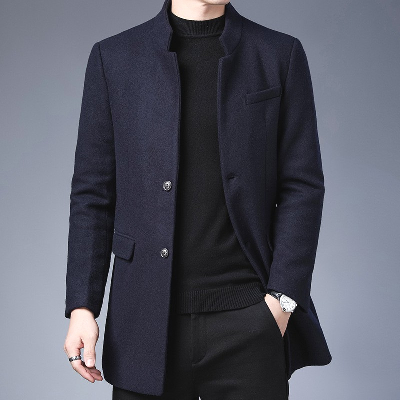 New cross-border style men's British style mid-length trench coat woolen overcoat men's woolen jacket thickened woolen jacket trendy