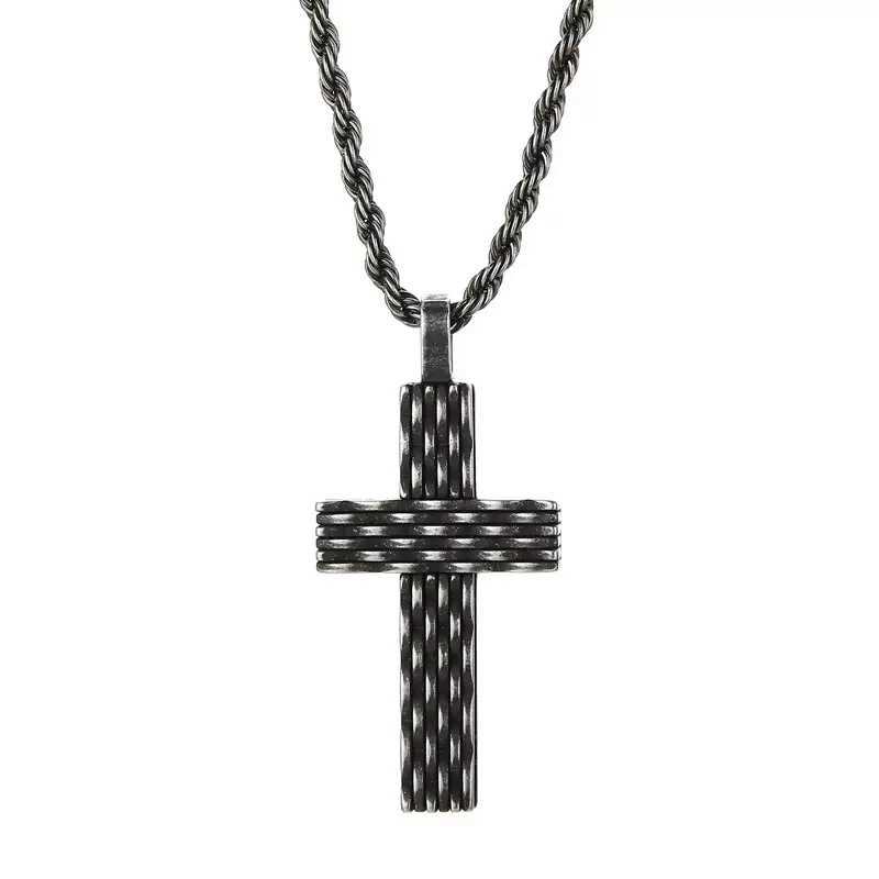 卡轮个性新品吊坠 简易时尚朋克风男士钛钢光面菱格纹十字架项链