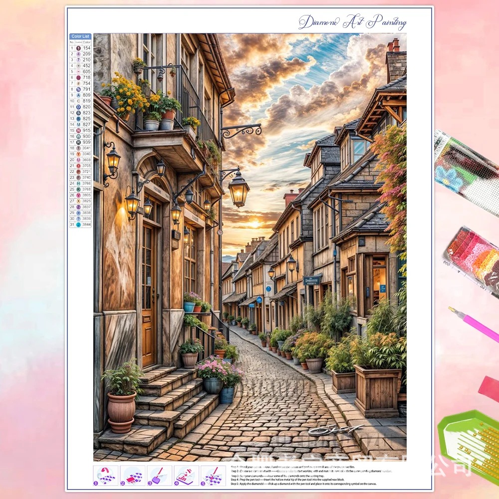 Venta caliente transfronteriza dibujos animados ciudad de bricolaje casa paisaje lleno de diamantes sala de estar dormitorio decoración pegatinas fabricante de pintura de diamantes