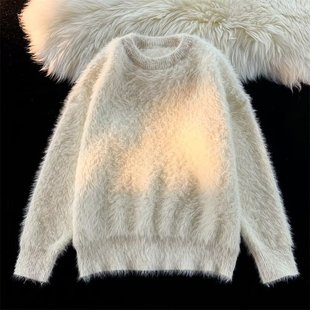 Japanese Mink Fleece Crewneck Sweater for Boys Winter Loose All-match Solid Color Sweater Trendy Brand Retro Lazy Top