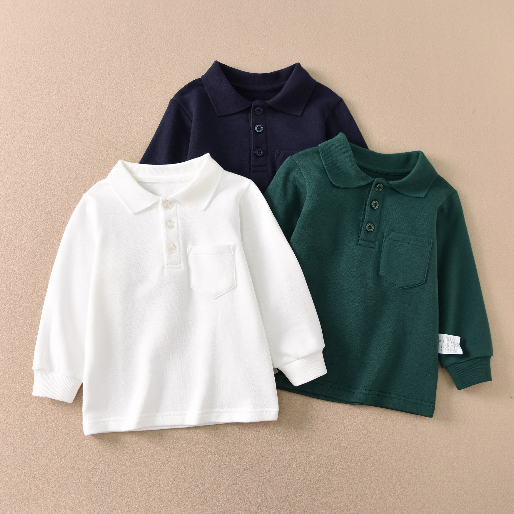 分演出服男女童纯色POLO翻领打底衫女孩白色校服加绒厚上衣纯棉长