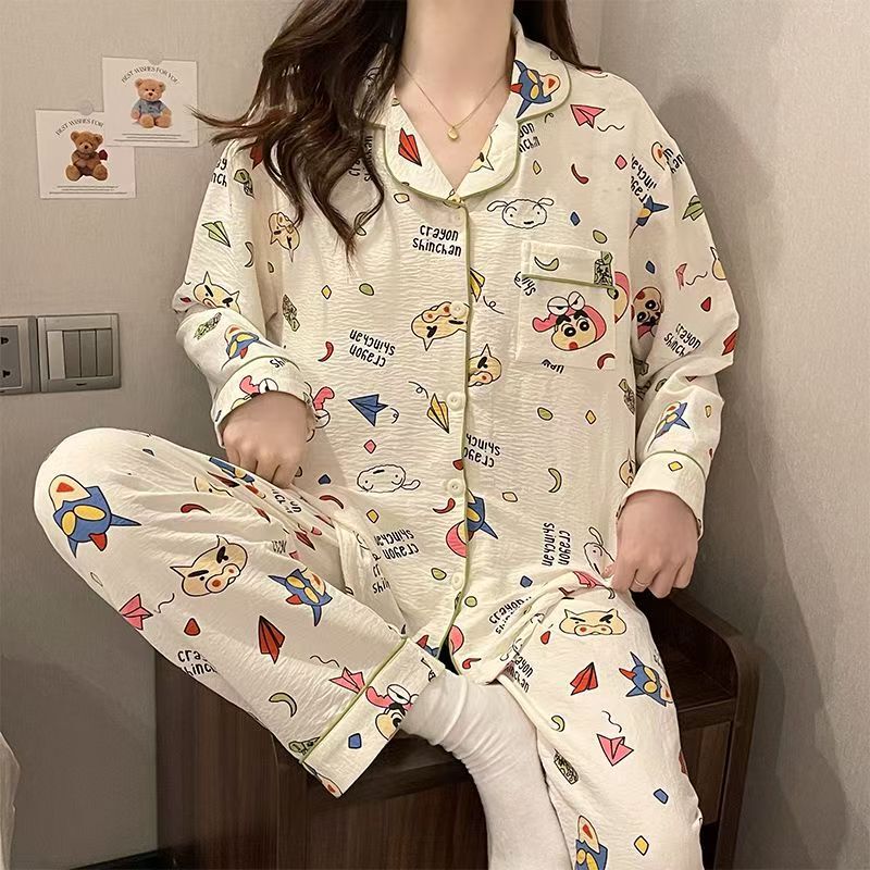 可爱卡通蜡笔小新睡衣女春秋季长袖长裤套装甜美美少女休闲家居服|undefined