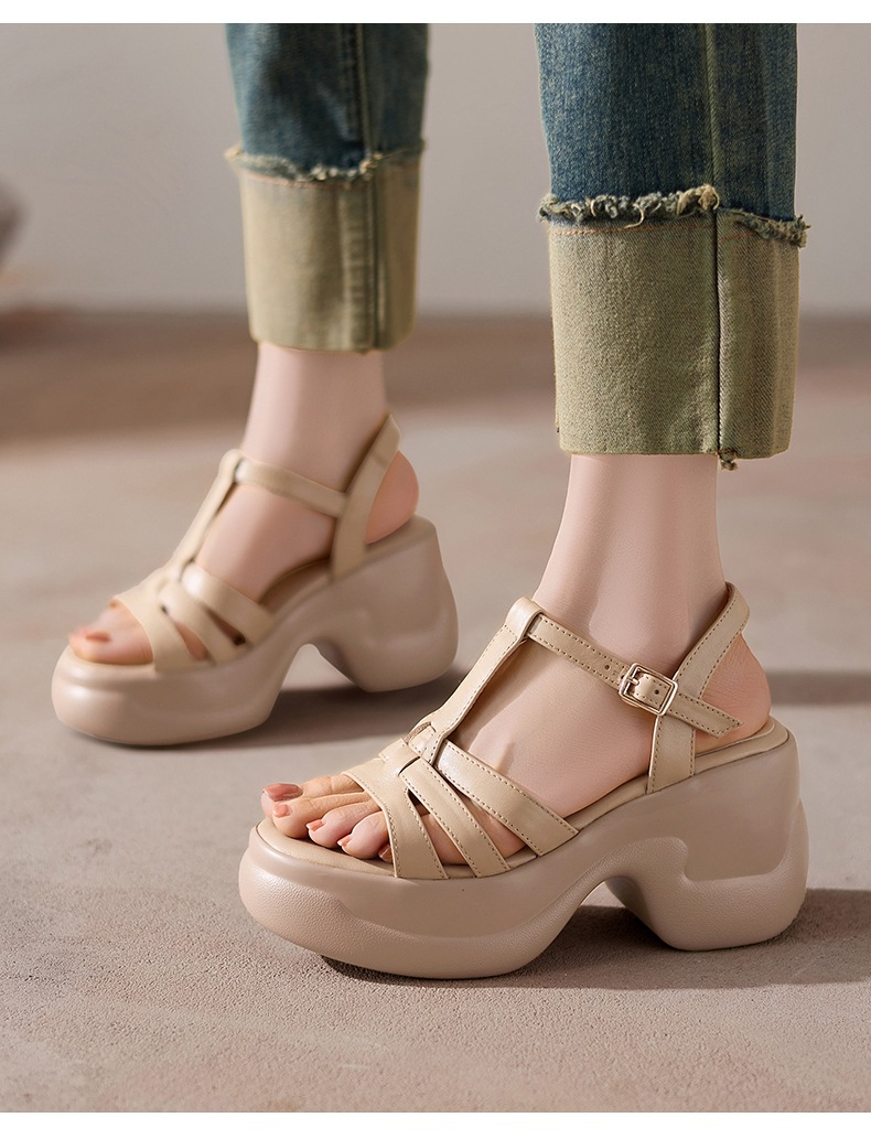 Sandal nữ hở mũi da bò thật gót xuồng đế dày quai chữ T — màu trắng ngà chi tiết 2