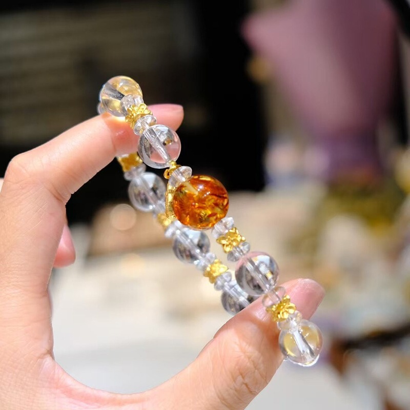 天然白水晶手串女2025年原创设计款搭配花珀圆珠高级感女款批发|undefined