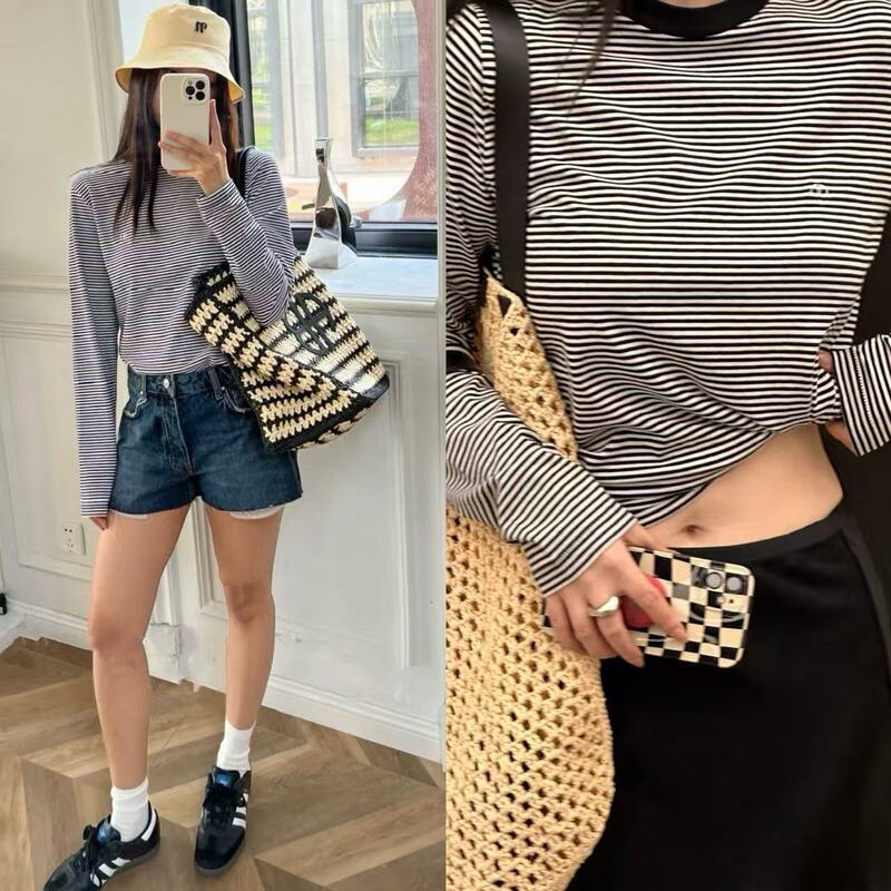 Yuran 26 Early Spring New Model Ab High-End Aesthetic Three-Dimensional Color-Woven Striped Color-Blocking Round-Neck Loose Straight Long-Sleeve T-Shirt