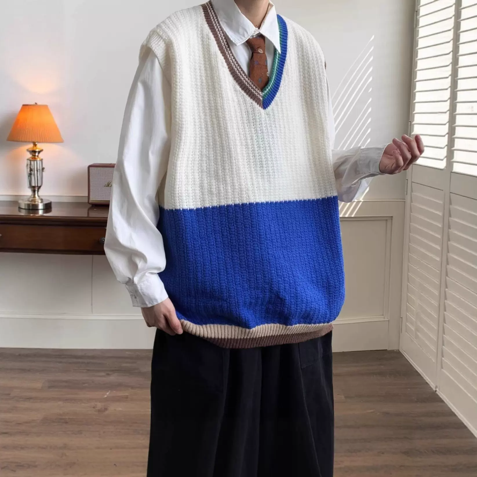 无袖v领针织背心男春秋款外穿马甲ins原宿风撞色日系情侣复古毛衣