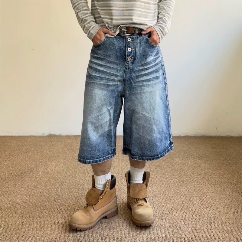 American Retro Casual Trendy Brand Whiskered Washed Vintage Loose Wide-Leg Cropped Denim Shorts with Side Pockets